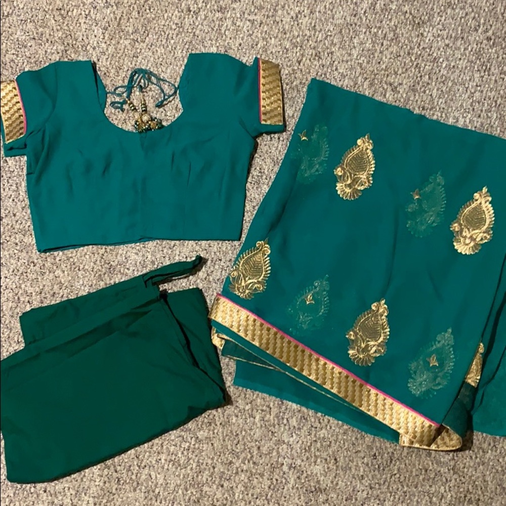 Green and gold saree set